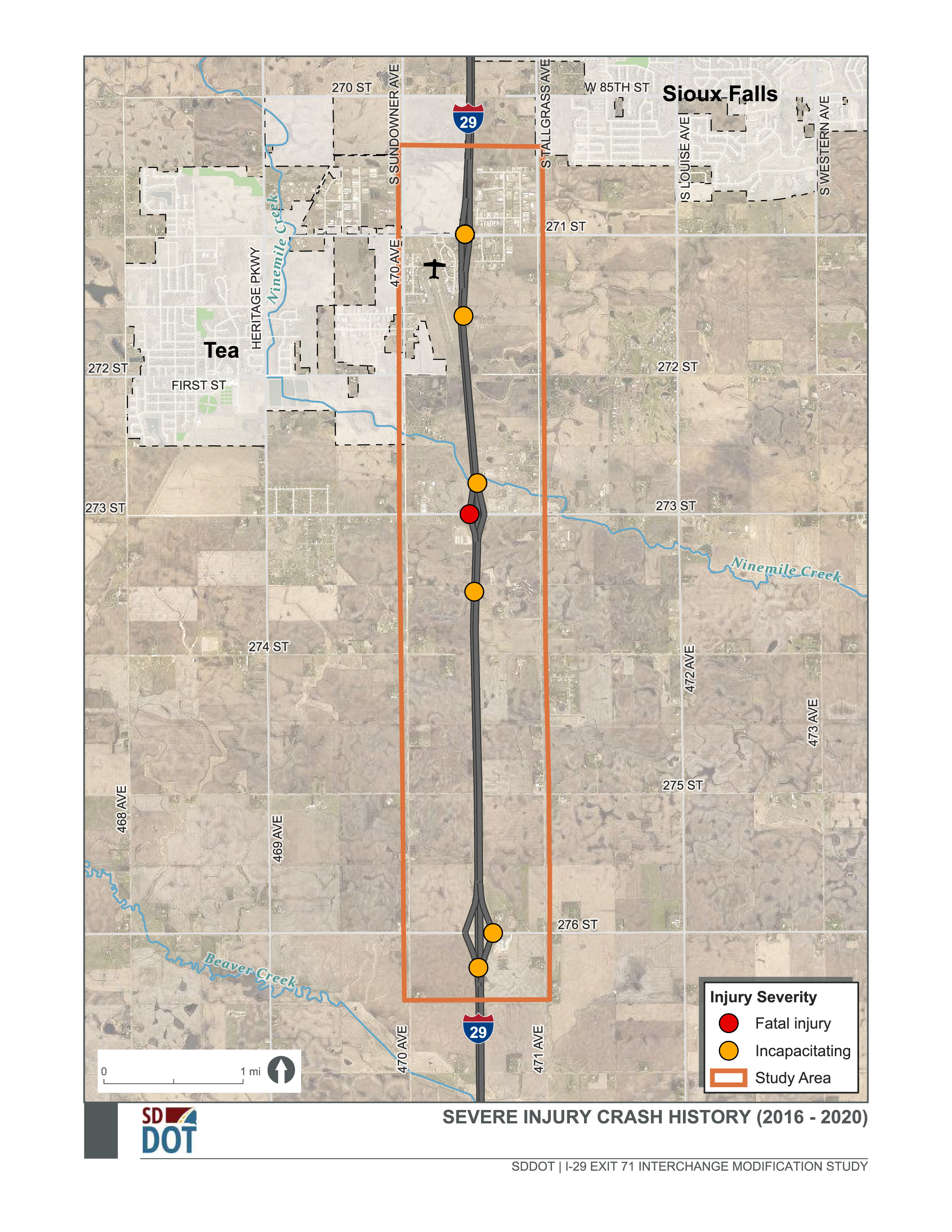 The Severe Injury Crash History graphic shows points of crashes within the study area from 2016 to 2020. Types of crashes indicated on this diagram include fatal injury and incapacitating injury.